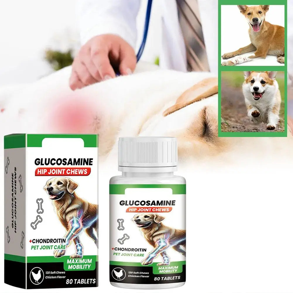 Glucosamine hip and joint soft chews for dogs, chicken flavoured, in a white bottle and box with 80 tablets.