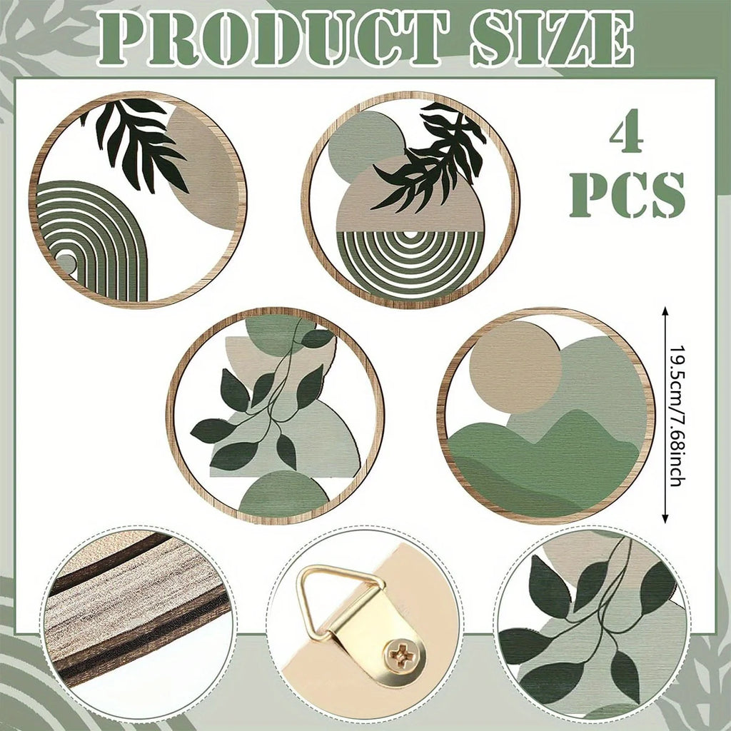 Set of four circular wooden wall art pieces featuring sage green and beige abstract leaf and geometric designs.