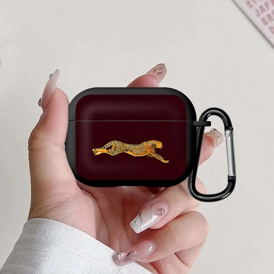 Black silicone AirPods Pro case featuring a running cheetah design and a matching black carabiner clip.
