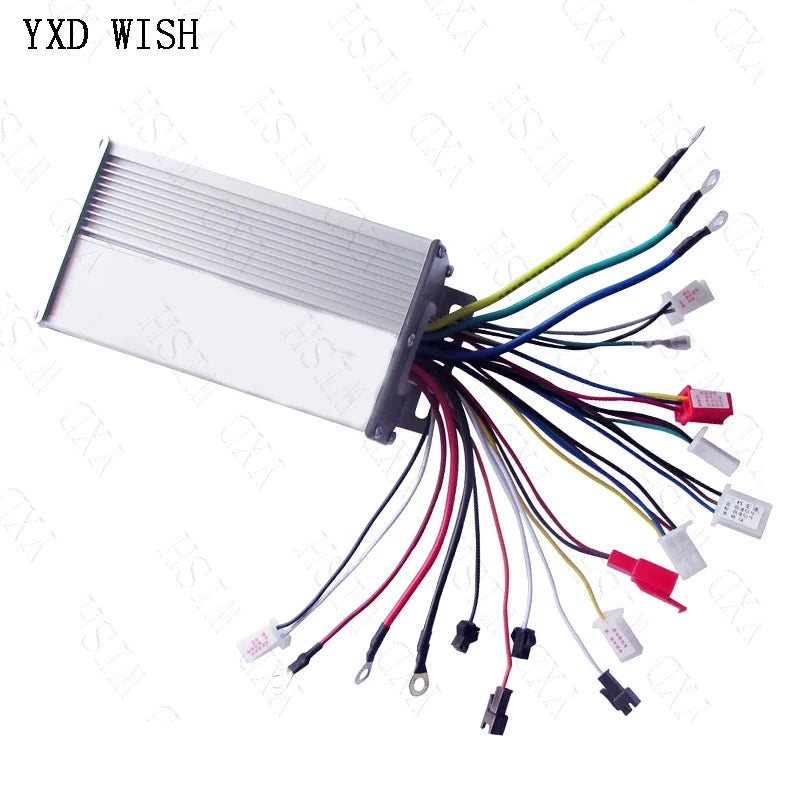 Silver rectangular 350W e-bike motor controller with cooling fins and multi-colored wires.
