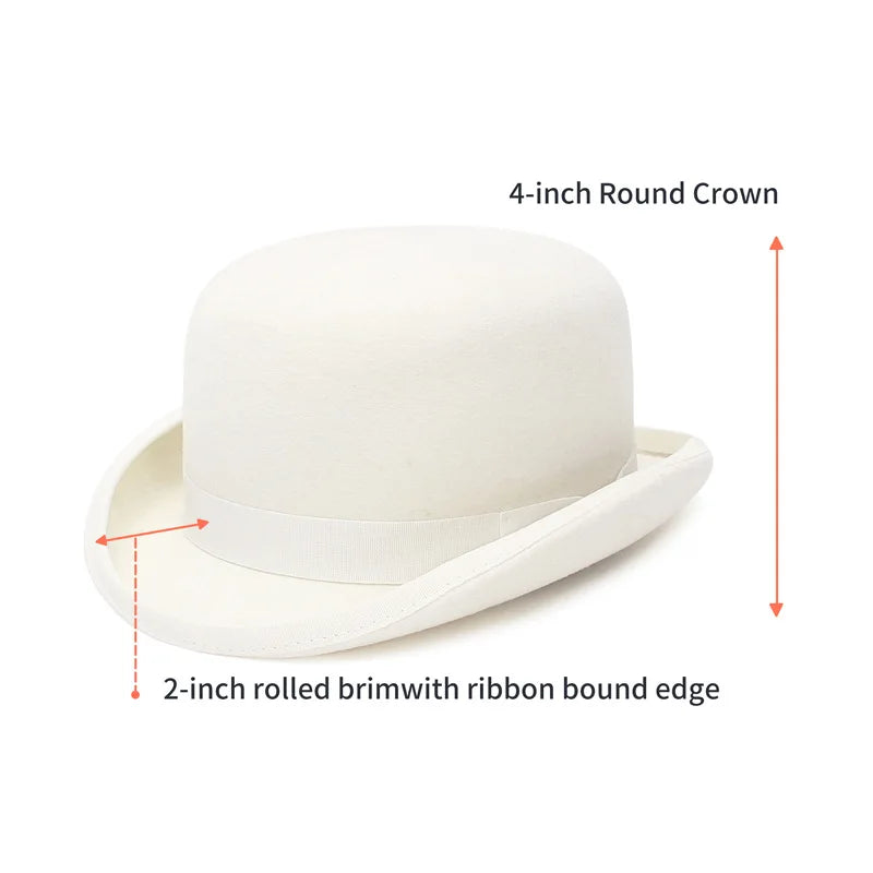 Classic cream wool bowler hat with a 4-inch round crown and a 2-inch rolled brim with a ribbon-bound edge.
