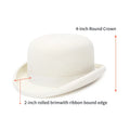 Classic cream wool bowler hat with a 4-inch round crown and a 2-inch rolled brim with a ribbon-bound edge.