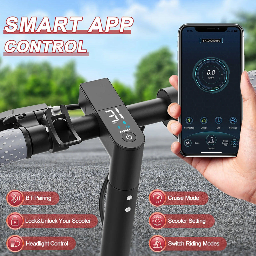 Black electric scooter handlebars featuring a digital display, alongside a smartphone app control interface.