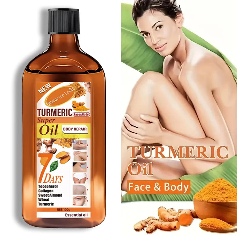 Turmeric oil for face and body in an amber bottle, featuring herbal ingredients to help repair and brighten skin.
