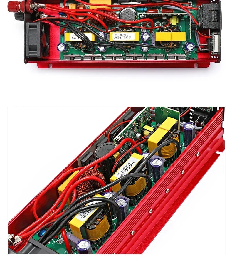 Internal view of a red car power inverter showing the green circuit board, cooling fan, and electrical components.