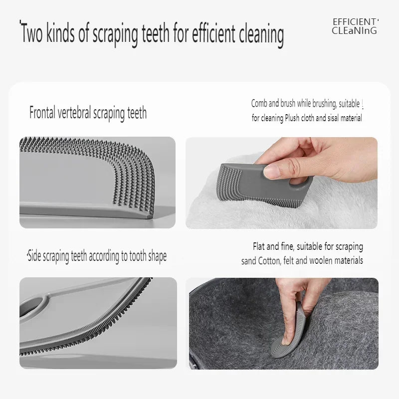 Grey handheld fabric cleaner tool with two different textured edges for removing lint and hair from textiles.