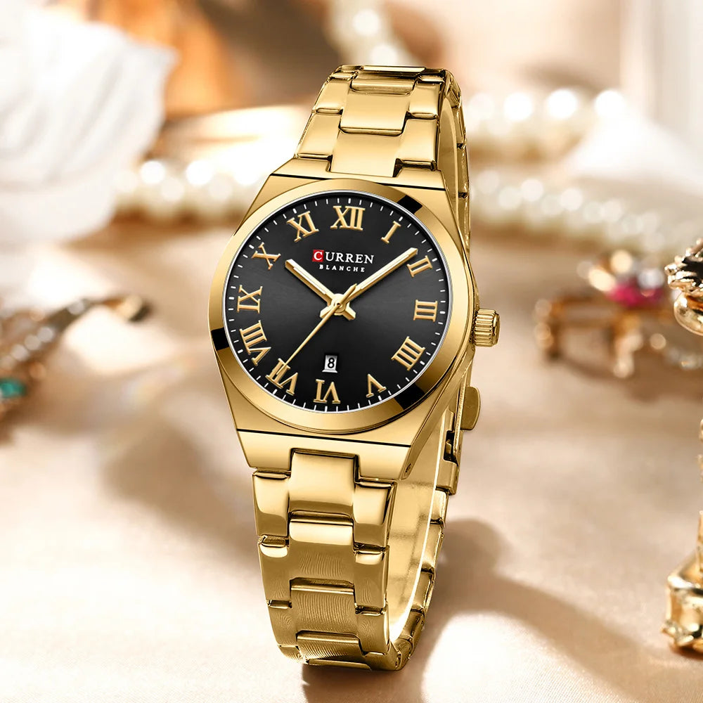 Curren gold stainless steel women's watch with a round black dial, Roman numerals, and a date display.
