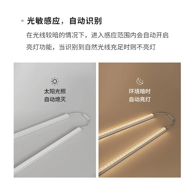 LED sensor light strips for a bed frame, showing the automatic off feature in daylight and on feature in low light.