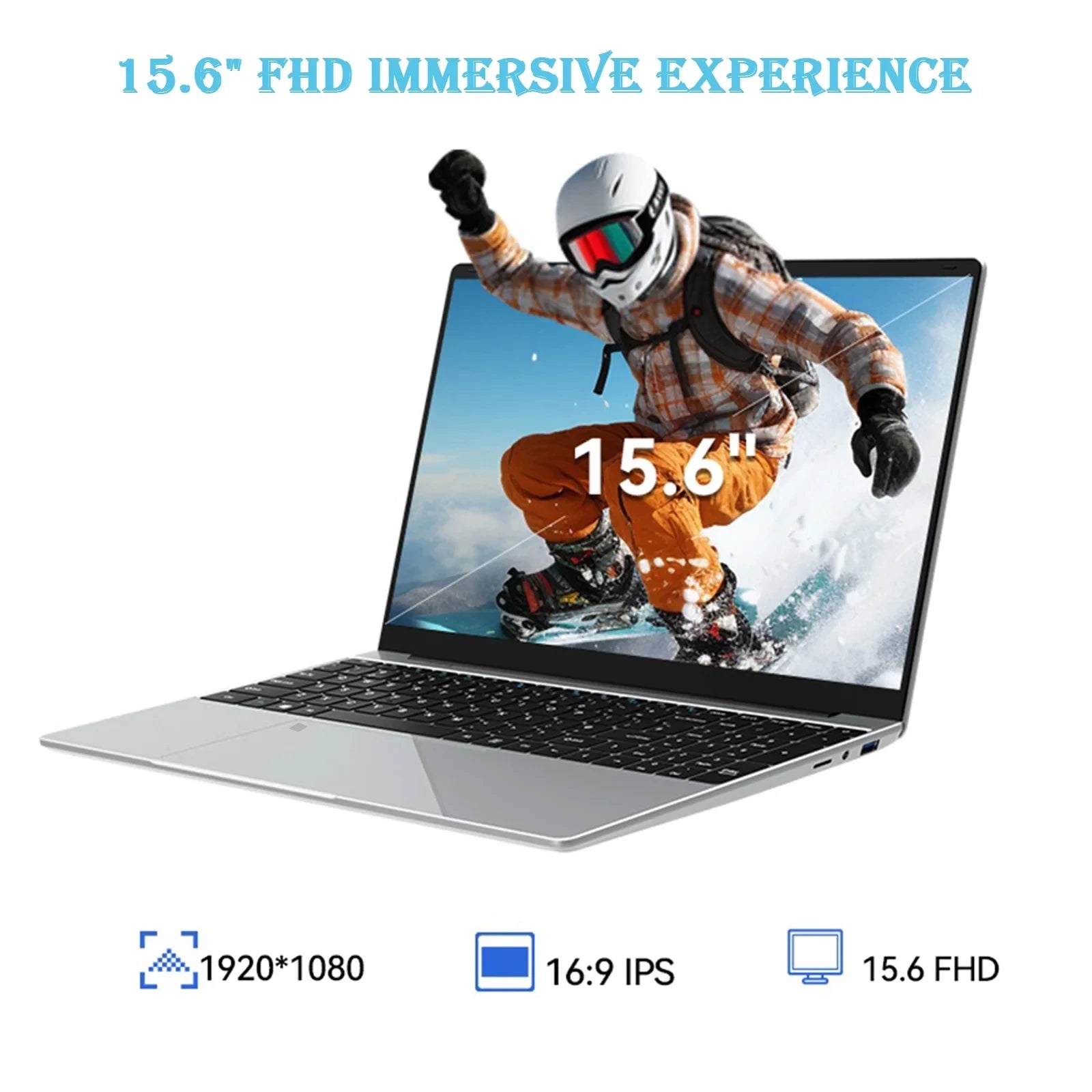 Sleek silver 15.6-inch laptop with a black keyboard, displaying a crisp, high-definition snowboarding scene on screen.