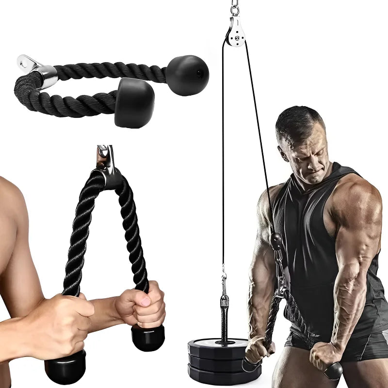 Black heavy-duty double-ended tricep pull rope attachment with chrome connection ring and sturdy rubber end caps.
