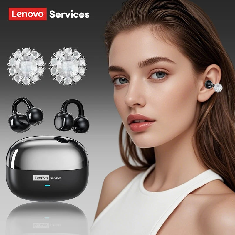 Black clip-on earrings that double as wireless earbuds, styled as crystal-embellished studs with a charging case.