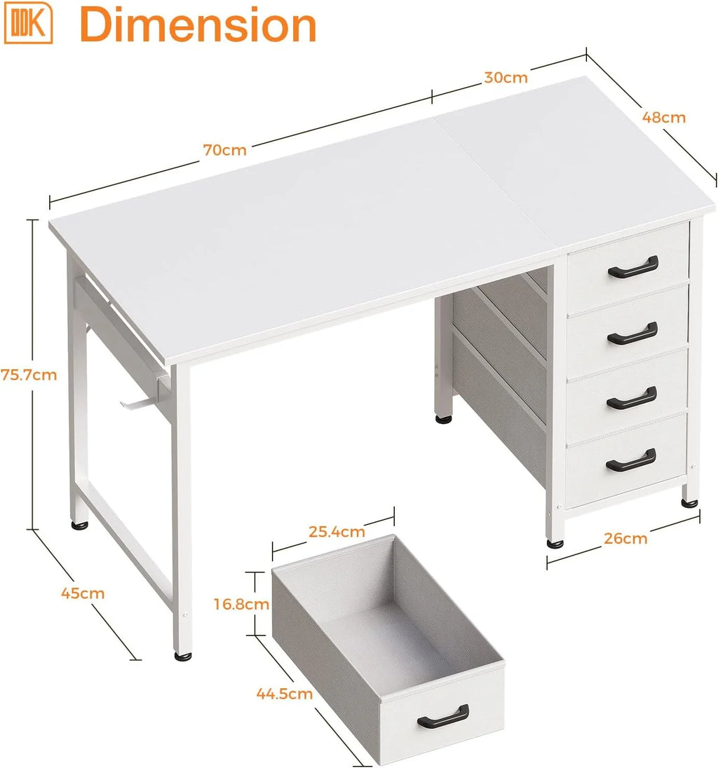 White desk with 4 fabric drawers, metal frame, and measurement overlays showing overall and individual drawer dimensions.