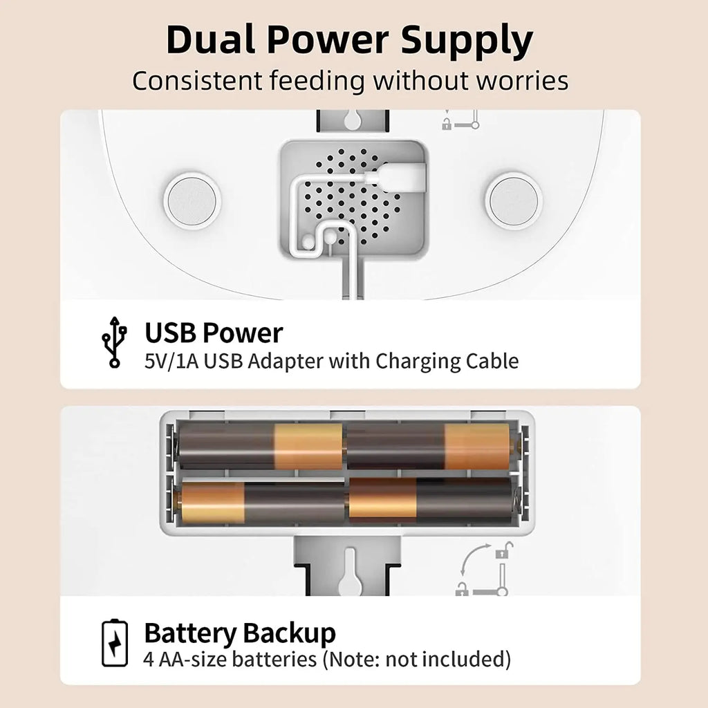 White automatic pet feeder dual power system: top USB port and bottom compartment for four AA batteries.