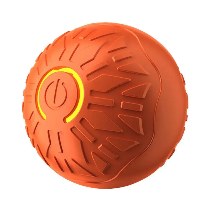 Orange interactive dog ball toy with a textured surface and a central glowing yellow power button.