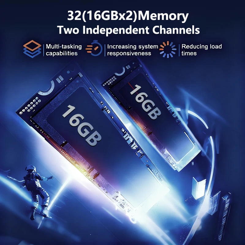 Two 16GB RAM memory sticks against a blue, futuristic space-themed background, highlighting high-speed performance.