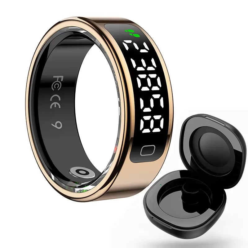 Rose gold smart health monitoring ring with a digital LED display screen and its compact black charging case.
