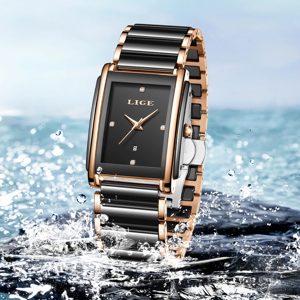 LIGE rectangular women's watch with black face, gold trim, and black-and-gold ceramic link bracelet.