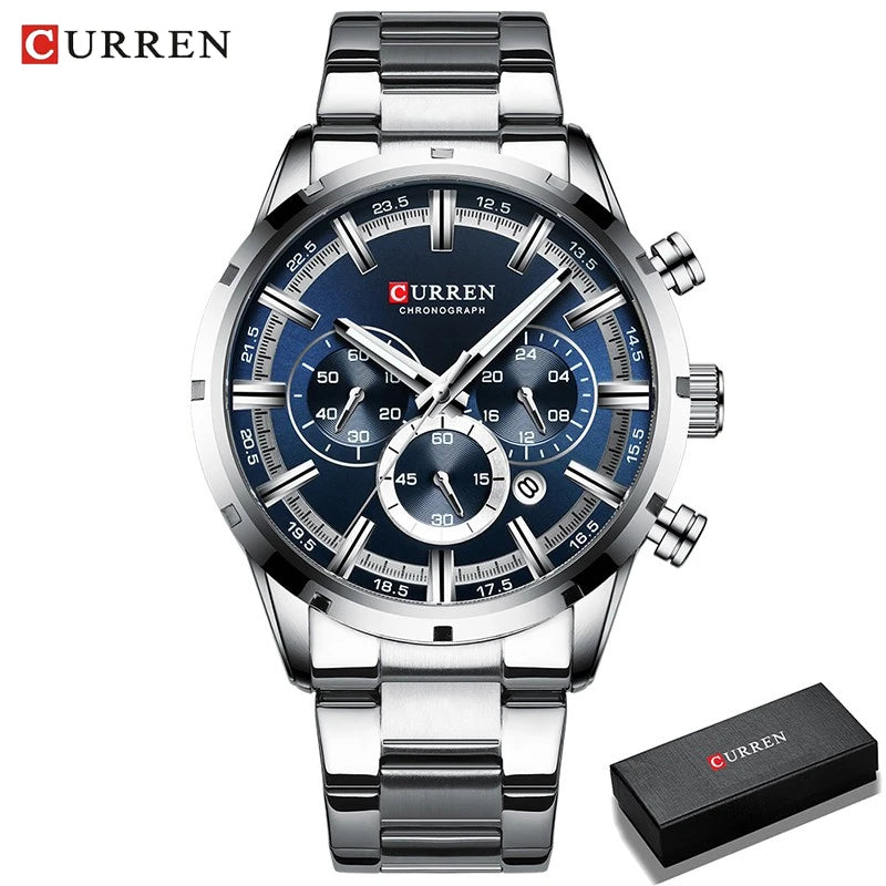 CURREN men's silver stainless steel chronograph watch with round blue dial, three sub-dials, and date window.