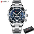 CURREN men's silver stainless steel chronograph watch with round blue dial, three sub-dials, and date window.