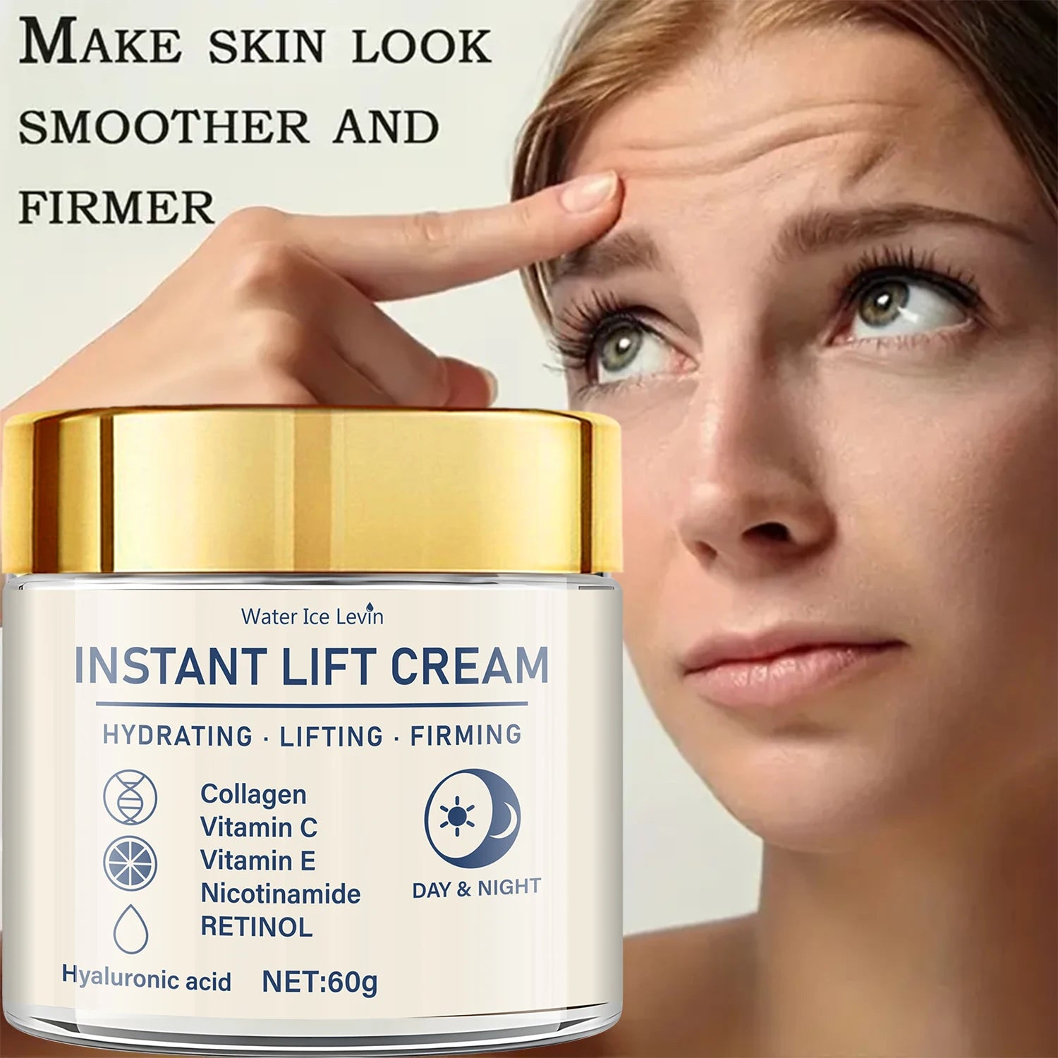 Jar of instant lifting face cream with a gold lid, featuring collagen, retinol, and vitamins for firm, smooth skin.