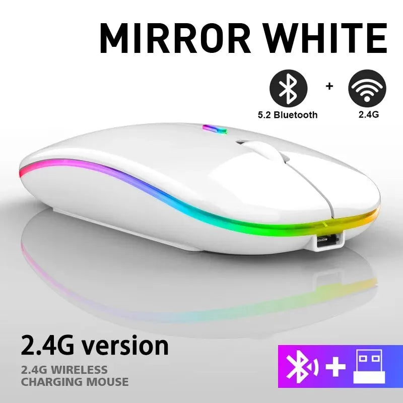 Glossy white wireless rechargeable gaming mouse with sleek design and vibrant RGB LED light strip.