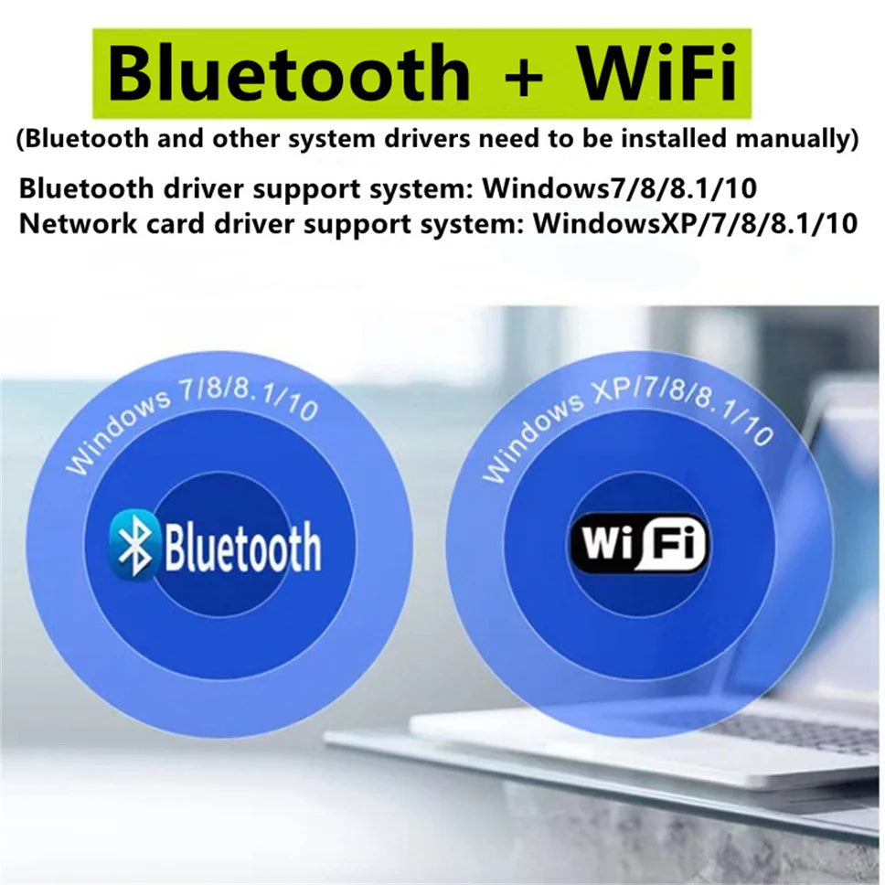 2-in-1 USB adapter showing compatibility icons for Bluetooth and WiFi on Windows operating systems.
