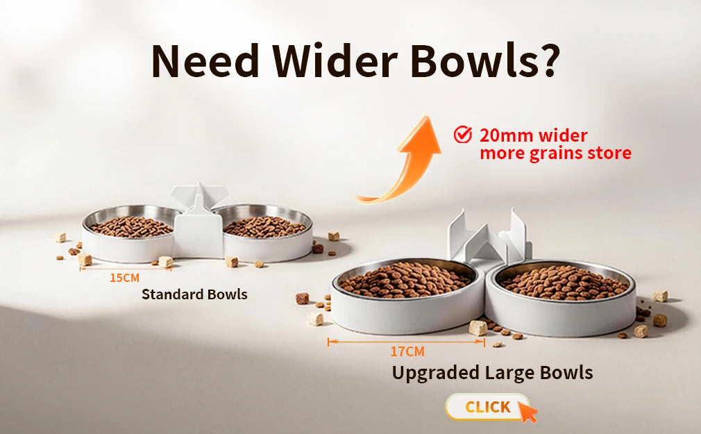 Double pet bowls in white and silver, comparing a 15cm standard size to an upgraded 17cm wide design with dry food.