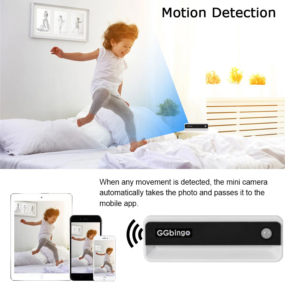 Small white and black plastic motion-activated camera that sends photos to a mobile app.
