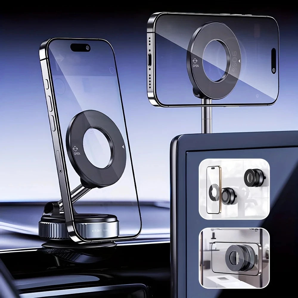 Black magnetic car phone mount with a rotating arm, showcasing versatile mounting options on a vehicle dashboard.