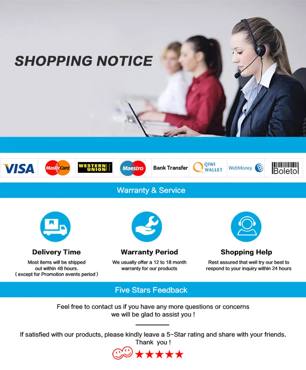 Customer service banner showing support team, payment options, delivery, warranty and feedback information.