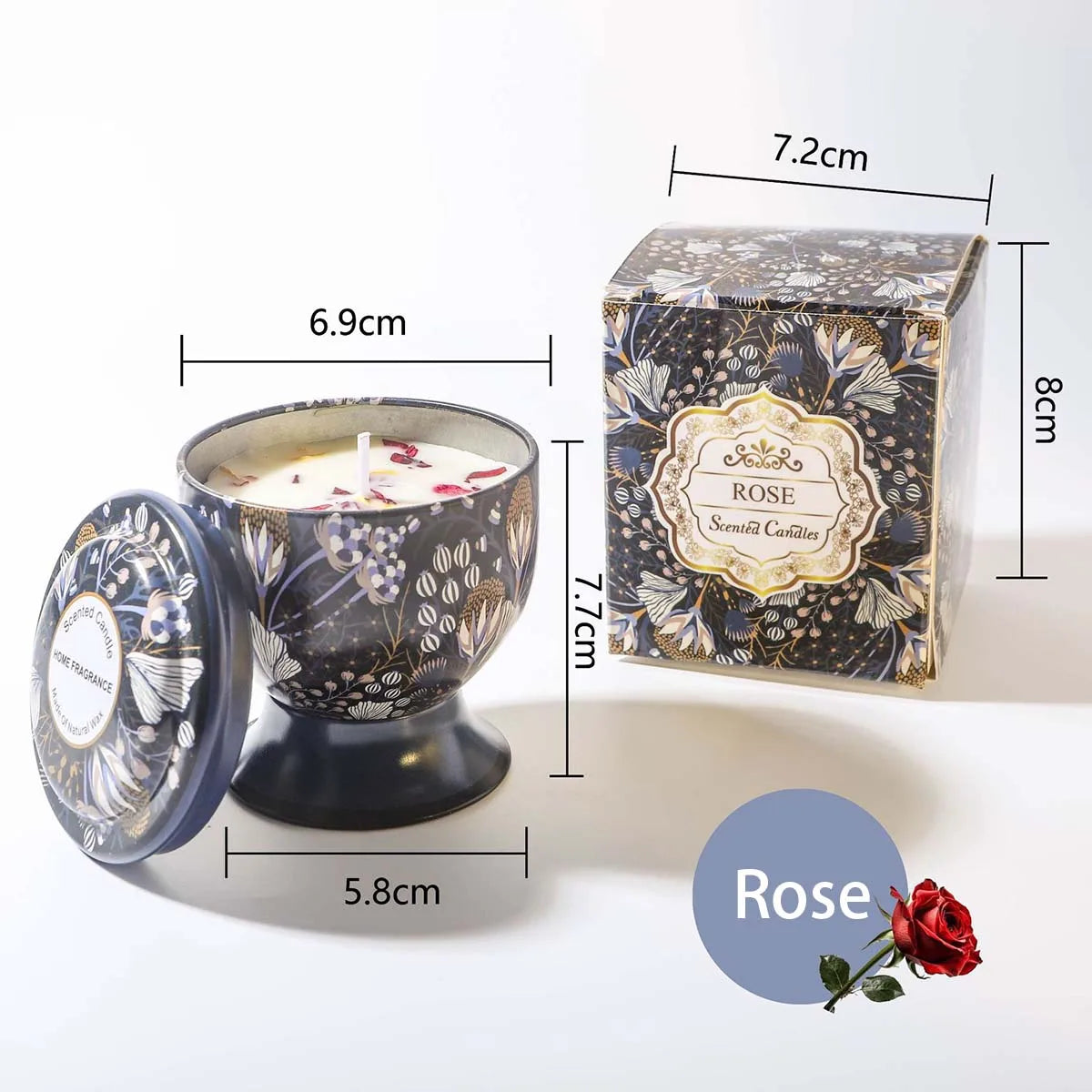 Rose-scented candle in a decorative floral metal pedestal tin with matching gift box and dimensions shown.