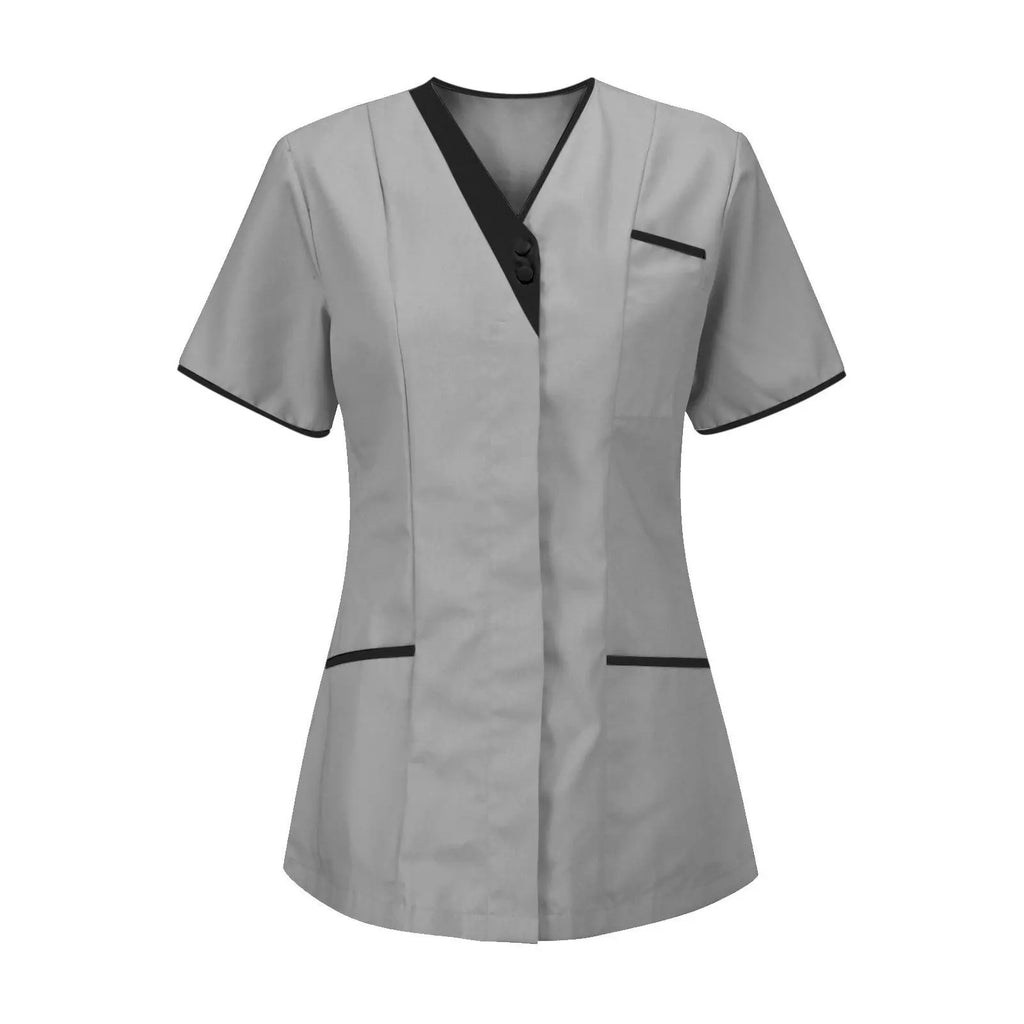 Grey short-sleeved women’s tunic with a black V-neck, button placket, piped cuffs and two front pockets.