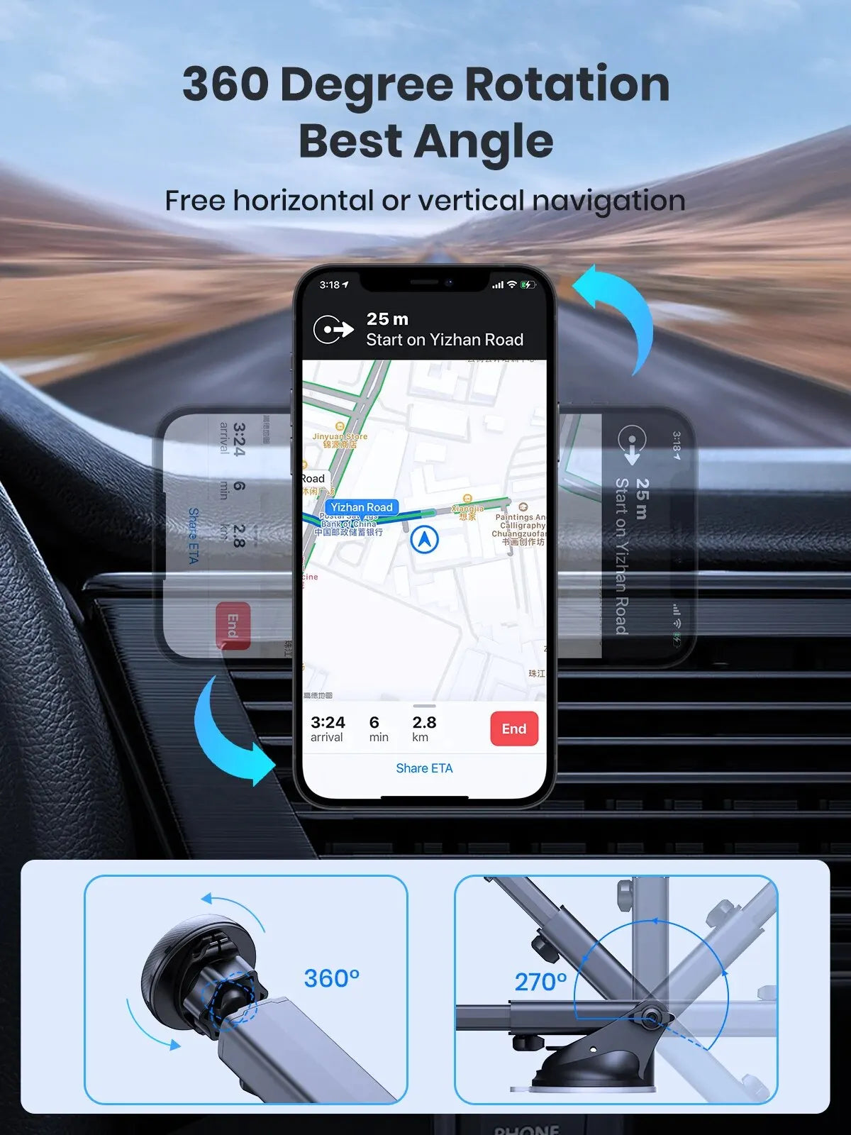 Black car phone mount with 360-degree rotation and adjustable arm, shown attached to a car dashboard vent.