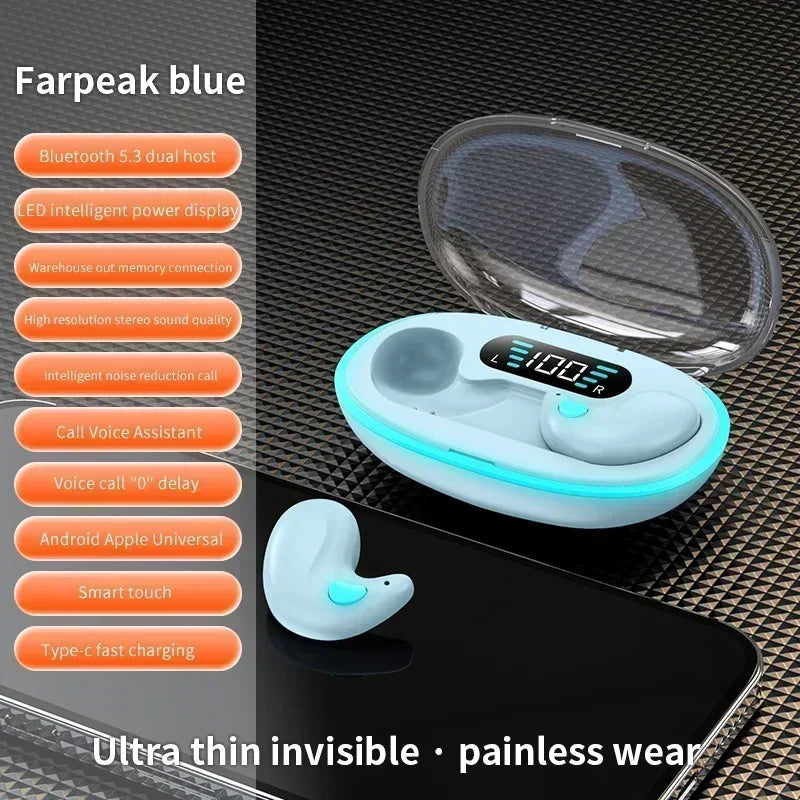 Light blue wireless earbuds with a clear-lidded charging case featuring a digital battery display.
