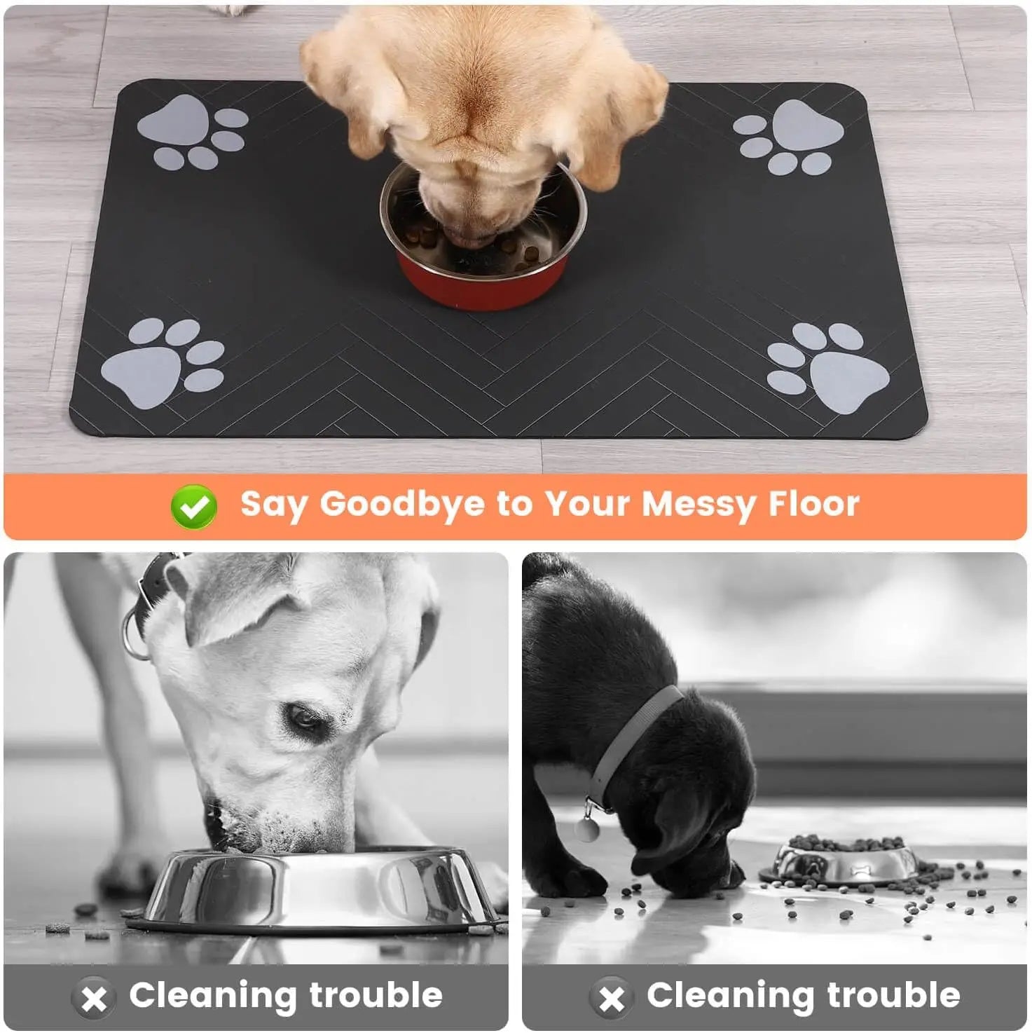 Black rectangular pet feeding mat with grey paw prints and a herringbone pattern, shown under a dog's food bowl.