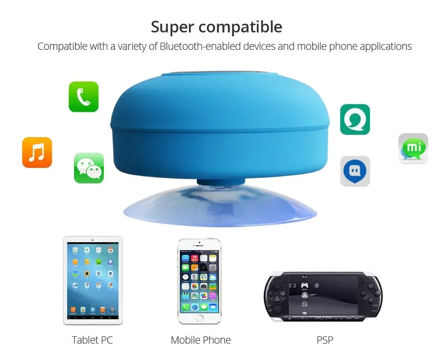Blue, waterproof Bluetooth speaker with a suction cup, surrounded by icons of compatible devices like phones and tablets.