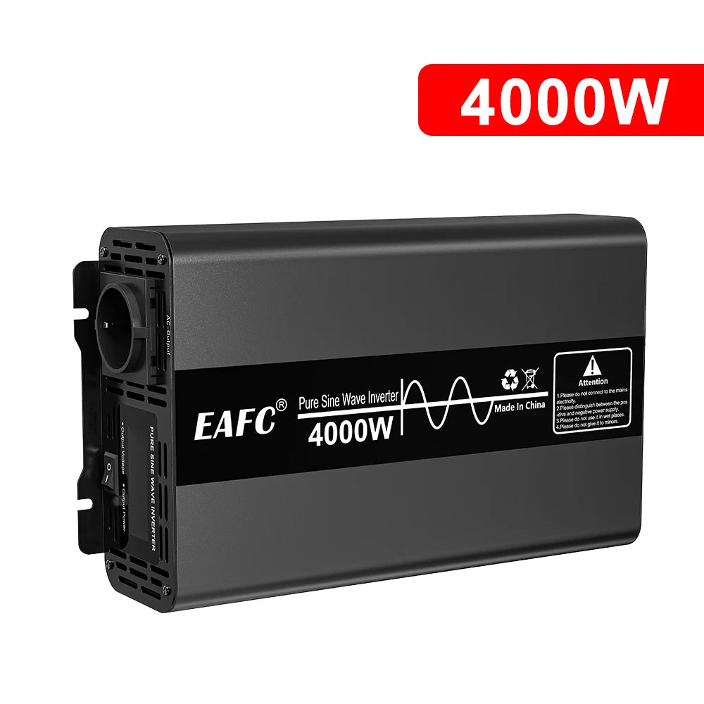 Black 4000W pure sine wave power inverter with a sleek metal casing, AC socket, and power switch.