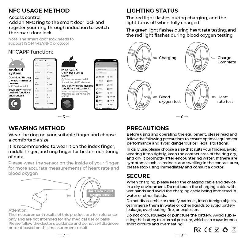 User manual showing a smooth, silver smart ring with NFC, heart rate, and sleep monitoring features and app setup.