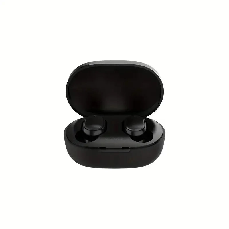 Black wireless earbuds inside an open, oval-shaped charging case with a glossy finish.