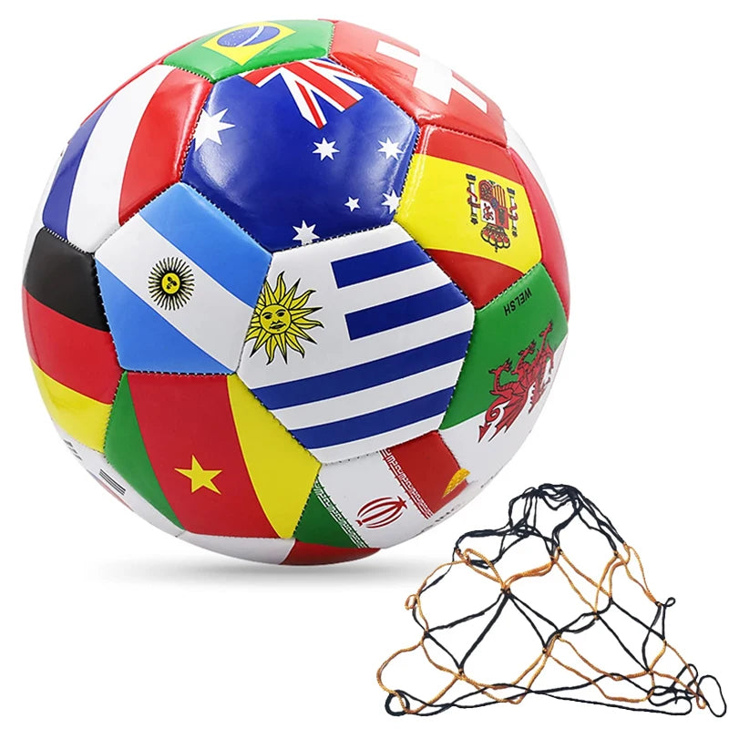 Multicoloured football featuring various international flags, accompanied by a black and gold carry net.