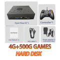 Black Super Game Console X8 Pro box with vents, a gamepad controller, user manual, HD cable, and power adapter.
