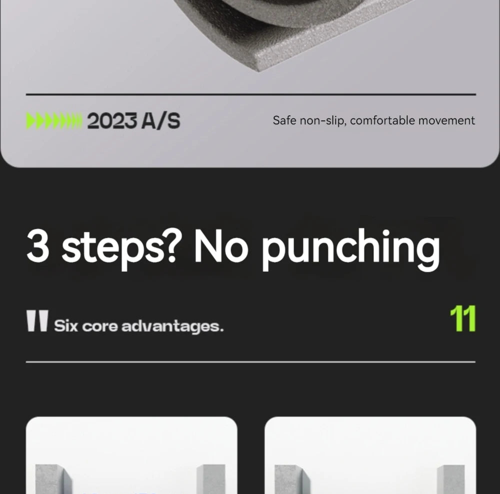 Grey non-slip foam material feature infographic with text "3 steps? No punching" and "Six core advantages."