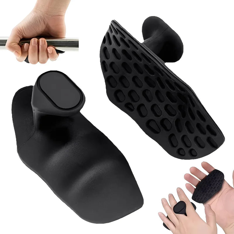 Black silicone gym hand pads with a textured grip and finger loop, shown in use on a barbell.