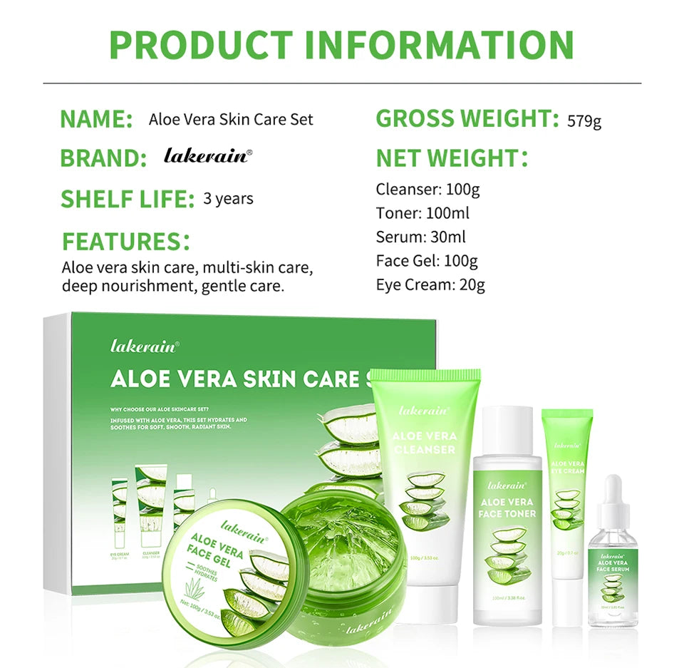 Aloe Vera skincare set featuring cleanser, toner, face gel, eye cream, and serum in green, soothing packaging.