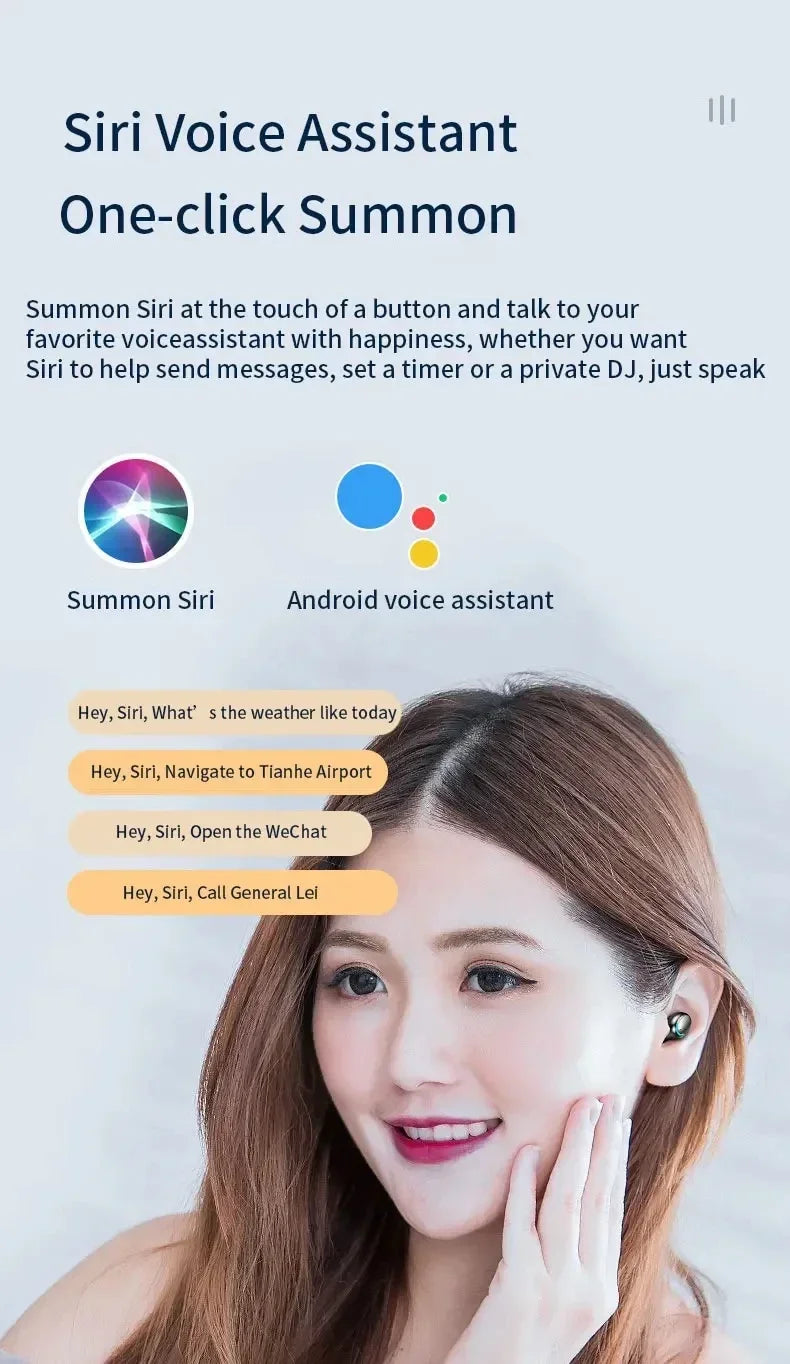 Woman wearing a small, sleek, dark green wireless earbud, showcasing voice assistant compatibility.