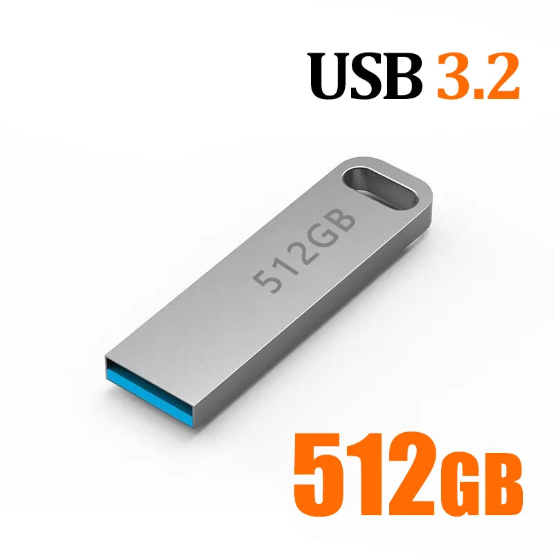 Sleek silver metal USB 3.2 portable flash drive with a keyring loop and blue connector.