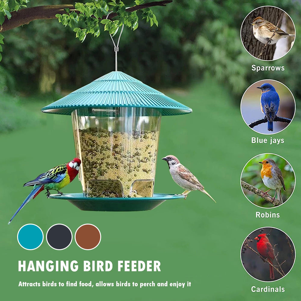 Teal, circular hanging bird feeder with a clear seed reservoir and ridged roof, shown with various perching birds.