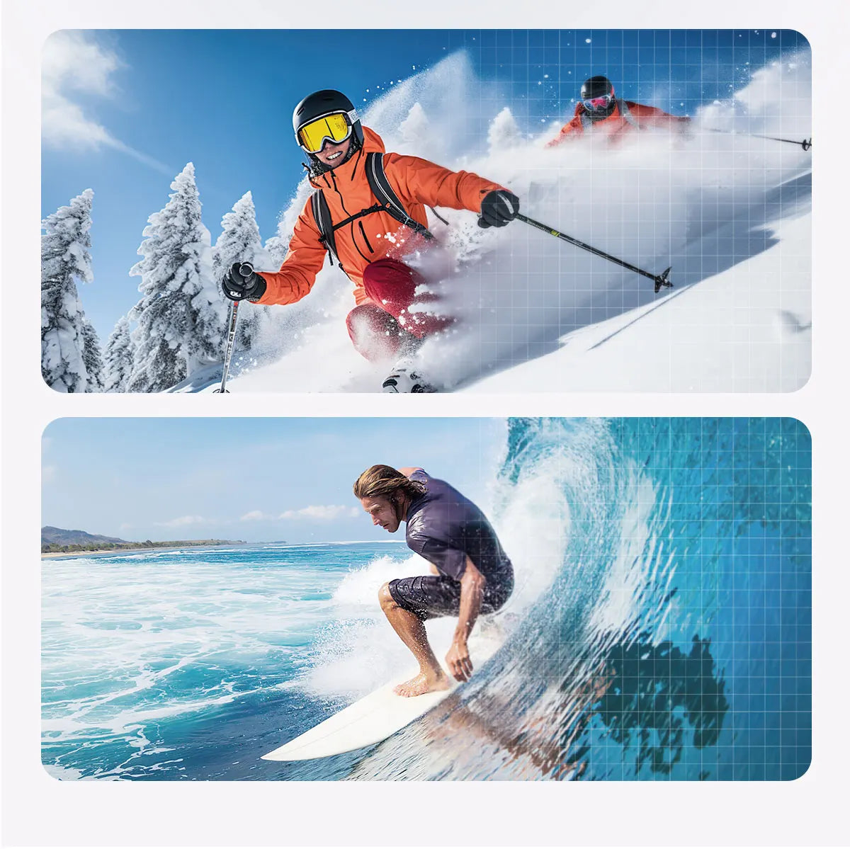 A person skiing and a person surfing, showing the smart glasses capturing high-quality action footage.