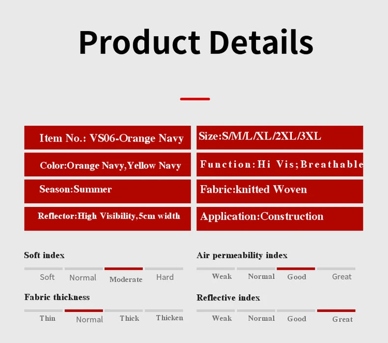 Product details chart for men's hi-vis workwear shirt: breathable, orange or yellow with navy, and reflective tape.
