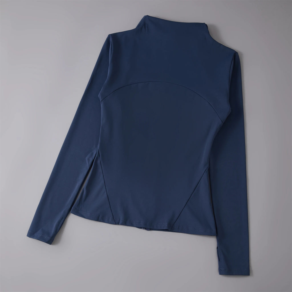 Navy blue long-sleeved athletic top with a mock neck and curved back seam detail, shown on a grey background.